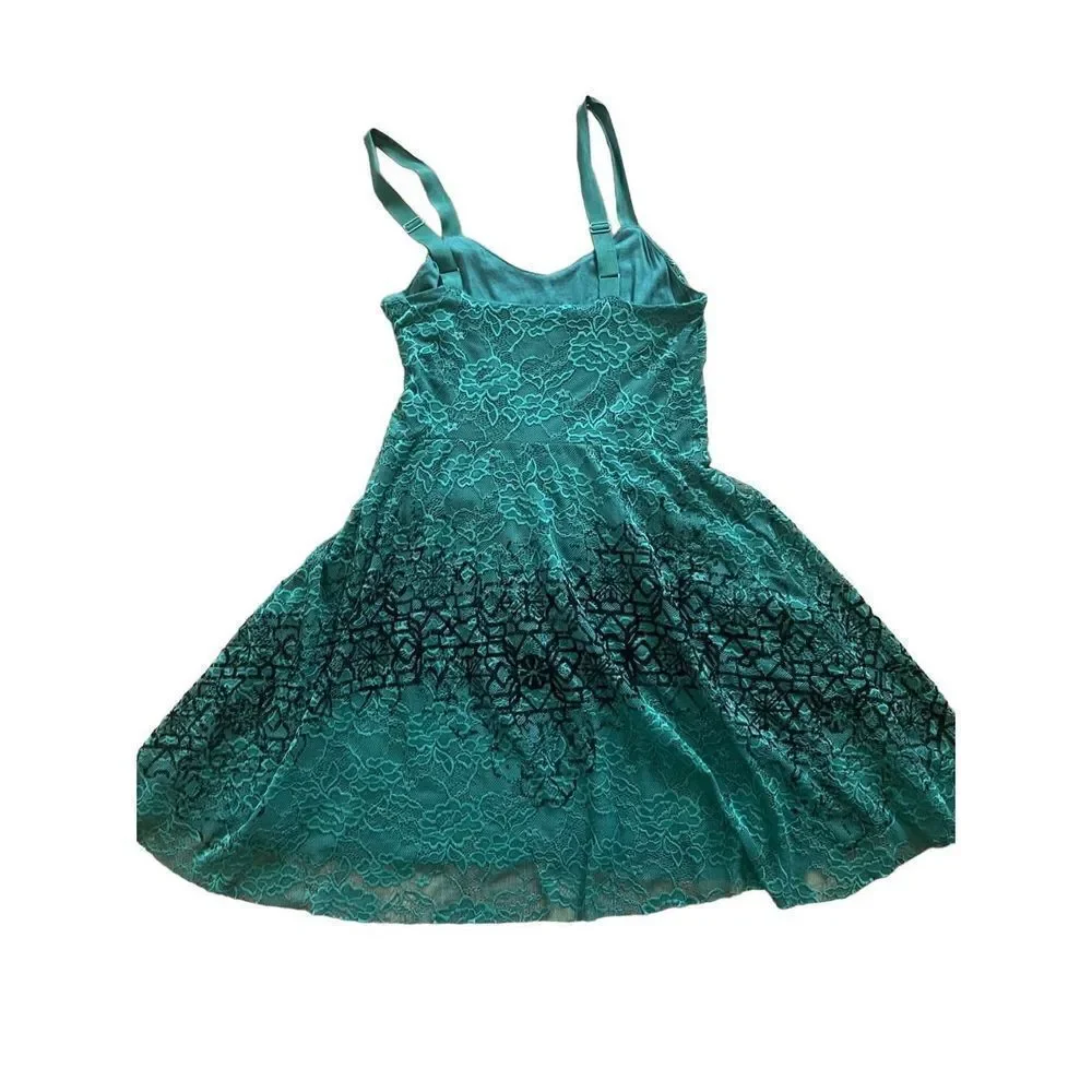 Free People Strap Mini Flare Dress Green‎ Floral Lace Black Velvety Detail